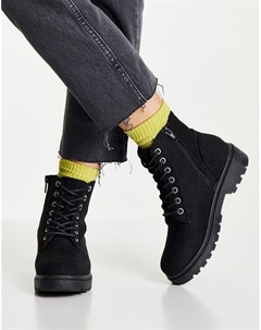 Черные ботинки из искусственной замши на плоской подошве со шнуровкой и молнией New look