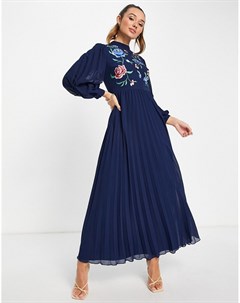 Приталенное плиссированное платье макси темно синего цвета с высоким воротником длинными рукавами и  Asos design