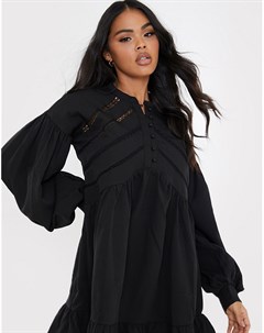 Черное платье мини с присборенной юбкой объемными рукавами и пуговицами спереди x Lorna Luxe In the style