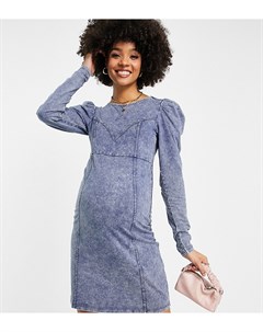 Синее платье мини с объемными рукавами и эффектом кислотной стирки Mamalicious Maternity