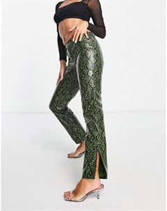 Прямые брюки из искусственной кожи зеленого цвета со змеиным принтом и заниженной талией Asos design
