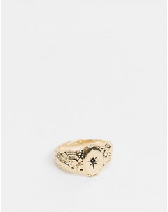 Золотистое кольцо печатка с овальным мраморным камнем Chained & able