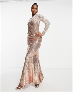 Платье макси с пайетками длинными рукавами и юбкой годе цвета шампанского Goddiva