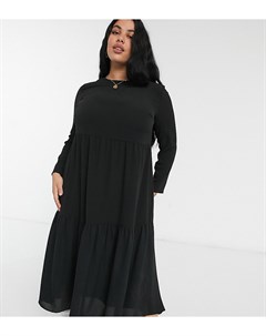 Черное ярусное платье миди с длинными рукавами и присборенной юбкой ASOS DESIGN Curve Asos curve