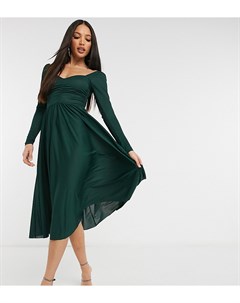 Платье миди хвойно зеленого цвета со сборками на груди и длинным рукавом ASOS DESIGN Tall Asos tall