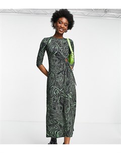 Платье миди с длинными рукавами декоративным вырезом и волнистым принтом зеленого цвета Stradivarius