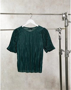 Плиссированная футболка с пышными рукавами темно зеленого цвета Asos design