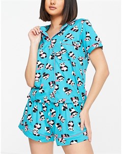Голубая короткая пижама на пуговицах с принтом панд с сердечками Chelsea peers