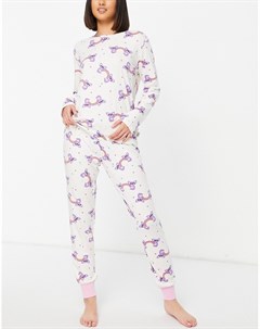Длинный пижамный комплект кремового цвета с принтом радуги и коал Chelsea peers