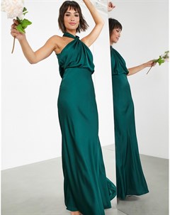 Атласное зеленое платье макси со сборками и бретелькой через шею Asos edition