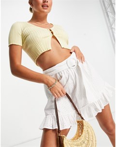 Белая мини юбка с вышивкой ришелье поясом и оборкой Asos design
