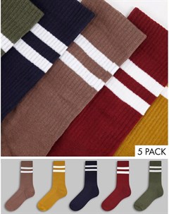 Набор из 5 пар спортивных разноцветных носков с полосками New look
