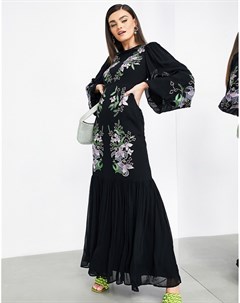 Черное ярусное платье макси с цветочной вышивкой Asos edition