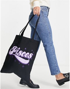 Черная хлопковая сумка шопер с надписью Pisces Asos design