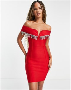 Красное облегающее платье с открытыми плечами и кисточками Band of stars