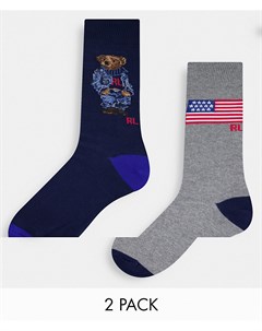 Набор из 2 пар носков темно синего и серого цвета с логотипом в виде мишки Polo ralph lauren