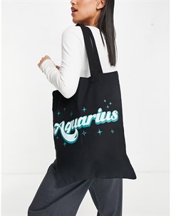Черная хлопковая сумка шопер с надписью Aquarius и принтом звезд Asos design