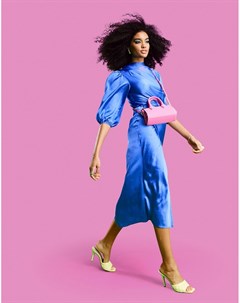 Атласное чайное платье миди кобальтового цвета со свободным воротом драпировкой и пышными рукавами Asos design