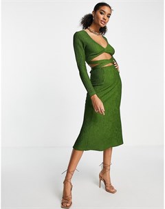 Темно зеленое платье миди с длинными рукавами и вырезами на талии Asos design