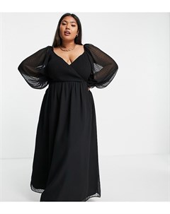 Черное платье макси в горошек из ткани добби с запахом и присборенной талией ASOS DESIGN Curve Asos curve