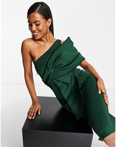 Темно зеленое платье футляр миди на одно плечо с драпировкой Asos design