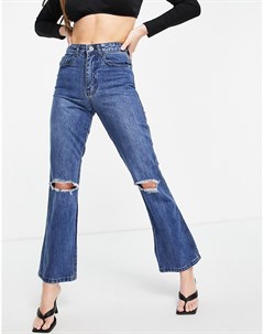 Синие расклешенные джинсы с завышенной талией и рваными коленями Femme luxe