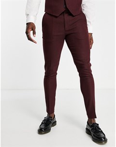 Бордовые суперзауженные брюки из ткани с добавлением шерсти и узором елочка Wedding Asos design