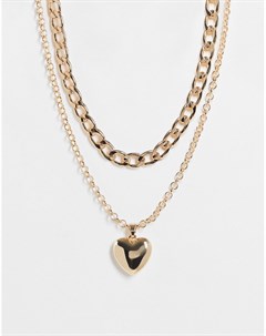 Золотистое ожерелье из нескольких цепочек с массивными звеньями и подвеской в виде сердца Topshop