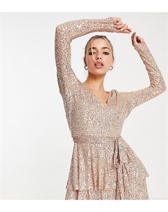 Эксклюзивное многоярусное платье мини цвета розового золота с глубоким вырезом и пайетками In the style