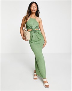 Платье макси оливково зеленого цвета со спиной борцовкой вырезом и узелком Asos design
