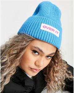 Синяя шапка бини в рубчик с надписью Over it New girl order