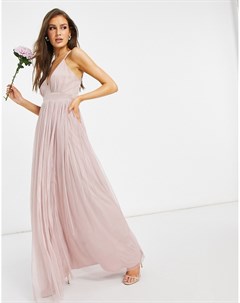 Розовое платье макси из тюля с глубоким вырезом спереди With Love Bridesmaid Anaya