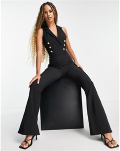 Черный комбинезон смокинг с расклешенными штанинами в стиле 70 х Femme luxe