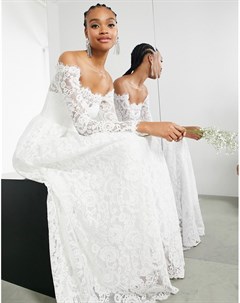 Кружевное свадебное платье с открытыми плечами и длинными рукавами Hazel Asos edition