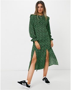 Зеленое платье миди с подплечниками разрезом и цветочным принтом New look