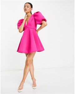 Платье мини яркого ягодно розового цвета с пышными рукавами Melanie Jarlo