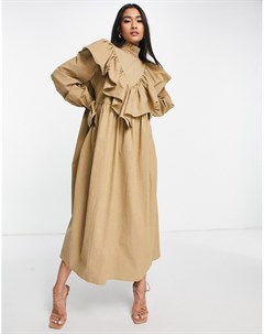 Серо коричневое платье миди с высоким воротником оборками и oversized манжетами Asos edition