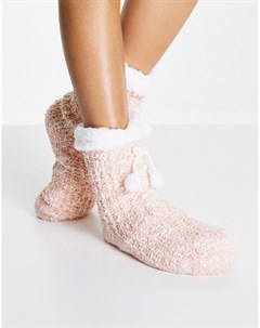 Розовые меланжевые носки слиперы вязкой косами с подкладкой из искусственного меха Loungeable