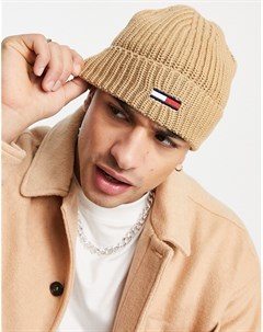 Бежевая базовая шапка бини в рубчик Tommy jeans