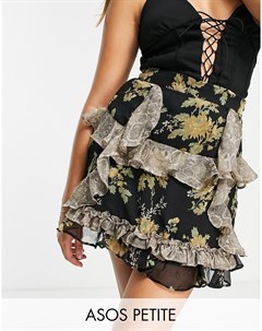 Мини юбка с оборками змеиным и цветочным принтом Petite Asos design