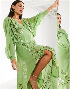 Зеленое платье миди с вышивкой и рукавами летучая мышь Asos edition