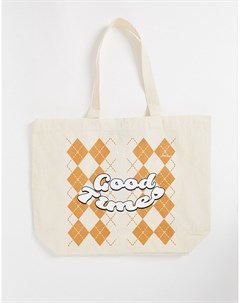 Большая сумка тоут кремового и оранжевого цвета с надписью Good Times New girl order