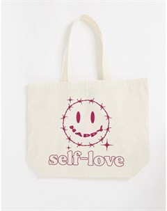 Большая кремовая сумка тоут с надписью Self Love New girl order