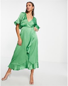 Атласное платье миди зеленого цвета с запахом Ax paris