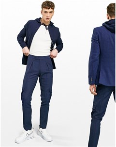 Темно синие строгие брюки карго облегающего кроя из ткани с добавлением шерсти и узором в елочку Asos design