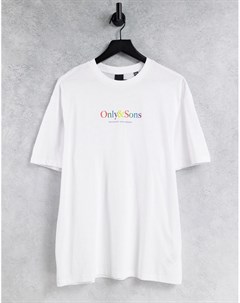 Белая футболка свободного кроя с разноцветным логотипом Only & sons