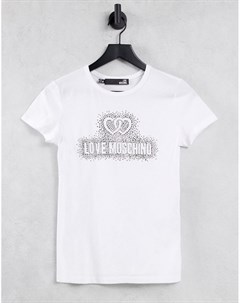 Белая футболка с логотипом и стразами Love moschino