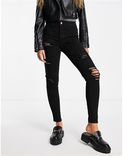 Черные зауженные джинсы с дырками New look