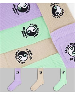 Набор из 3 пар носков разных цветов с надписью Alien energy и символом инь и ян New girl order