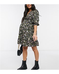 Черное платье мини с запахом и цветочным узором New look maternity